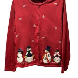 Vintage Festive Red Snowman Cardigan Medium Petite Size Croft & Barrow
